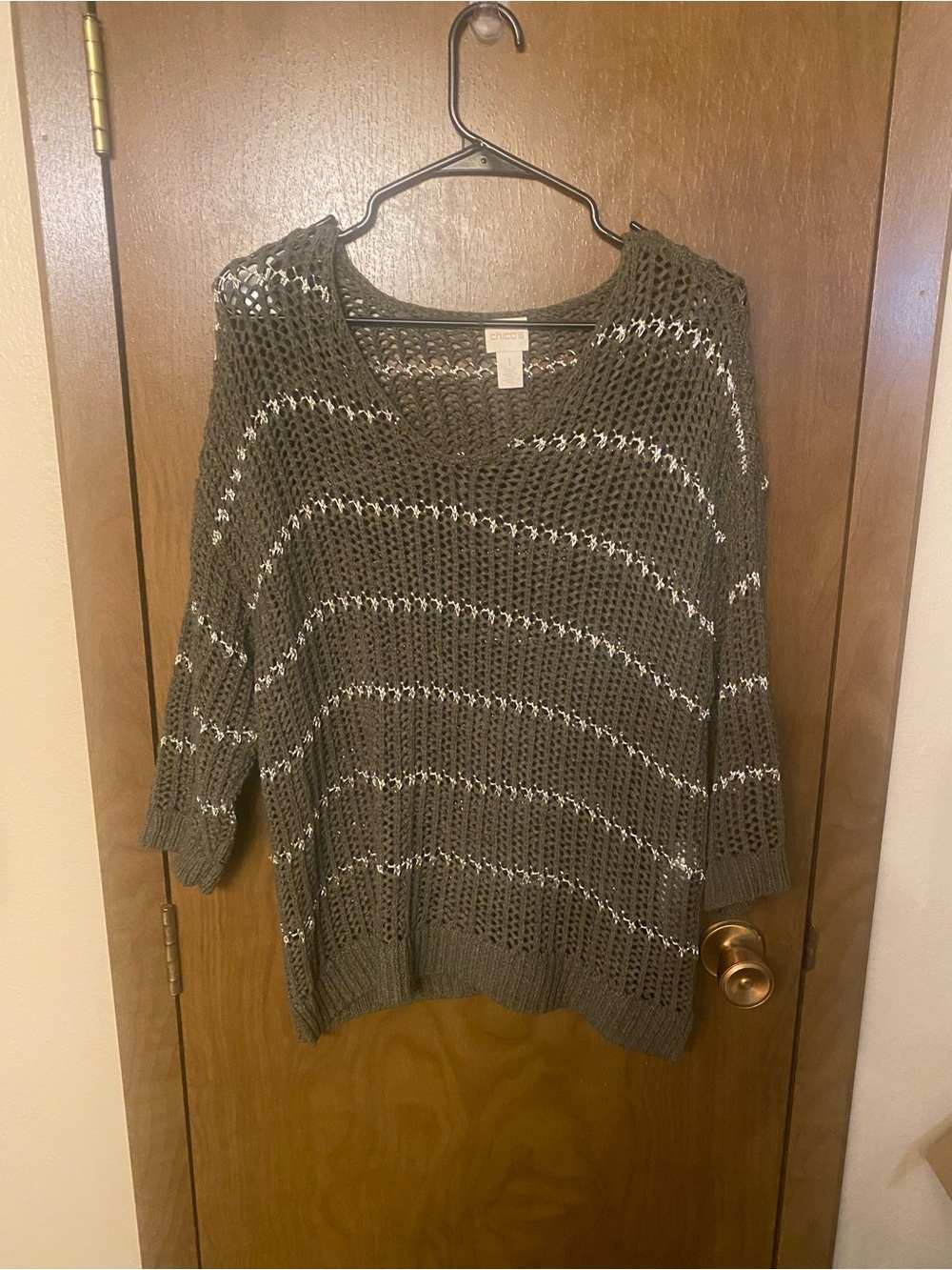 Chico's Olive Open-Knit Scoop Neck Sweater with Metallic Stripes